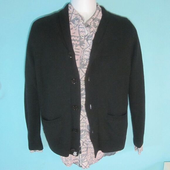 Four Star Clothing Retro Cardigan Lined Mens Size S Black Knit Button Front - Picture 14 of 14